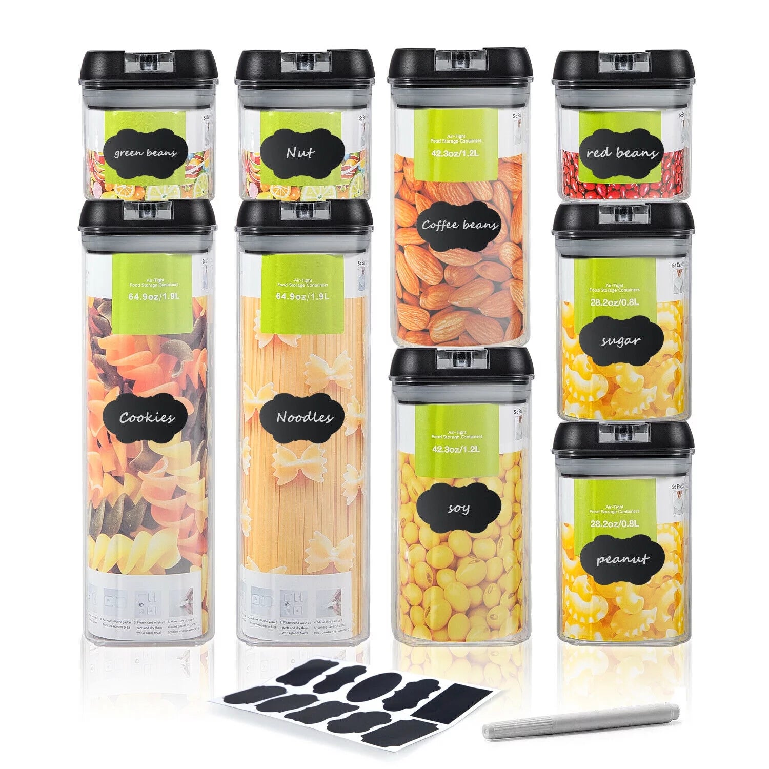 9 PCs Clear Food Storage Containers Set with Black Lid V373