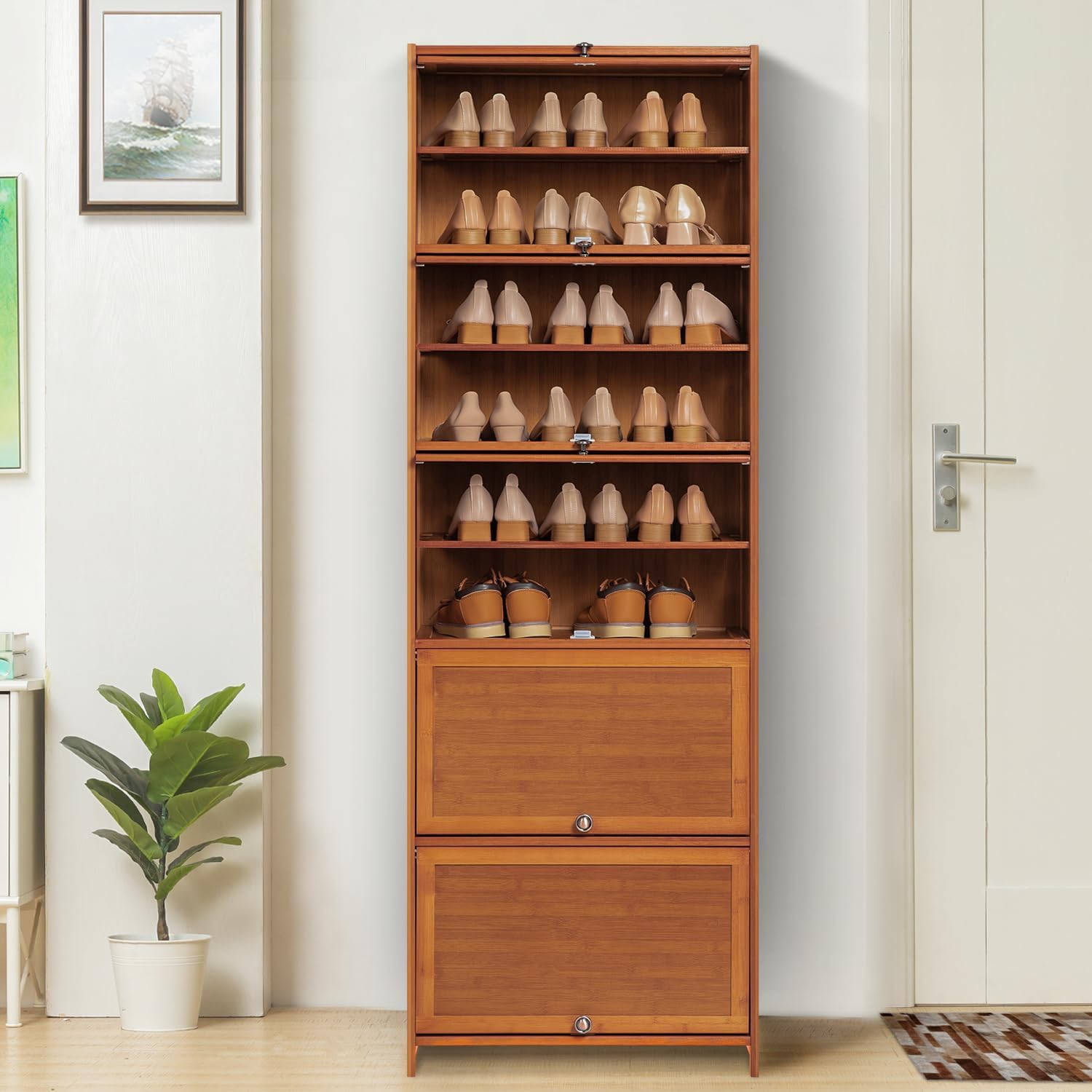 Tall Bamboo Shoe Storage Cabinet with Doors, 10 Tier Freestanding Shoe Shelf Rack R3747