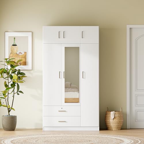White 3-Door Wardrobe Closet with 1 Drawer and Top Cabinet F482