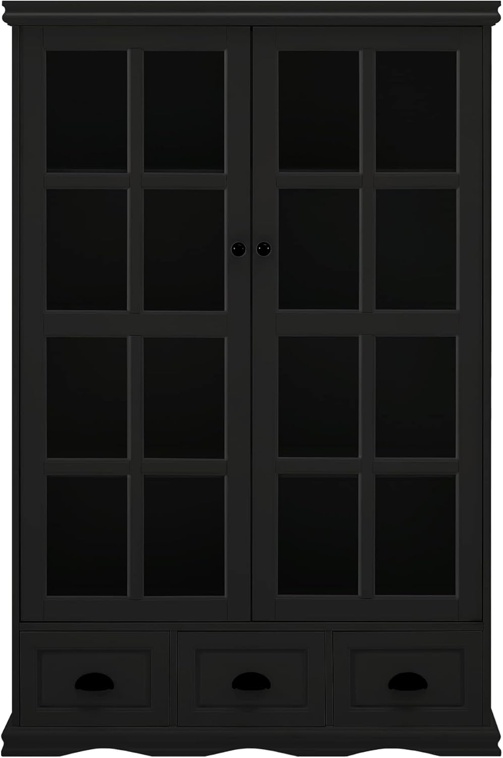 Black Storage Cabinet with Tempered Glass Doors and Adjustable Shelf K701