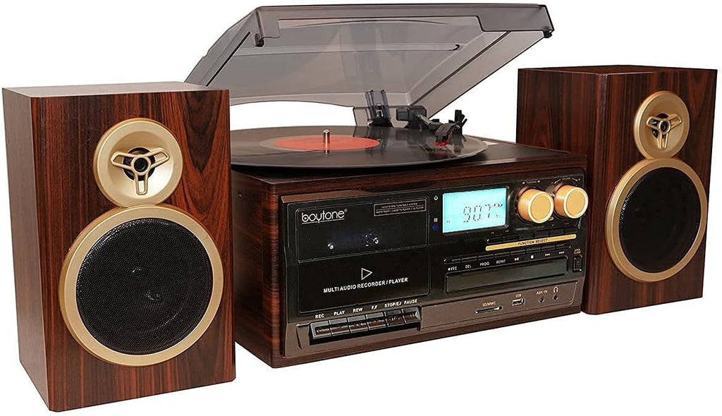 Bluetooth Record Player Turntable with AM/FM Radio, CD / Cassette Player, 2 Separate Stereo Speakers Y65822