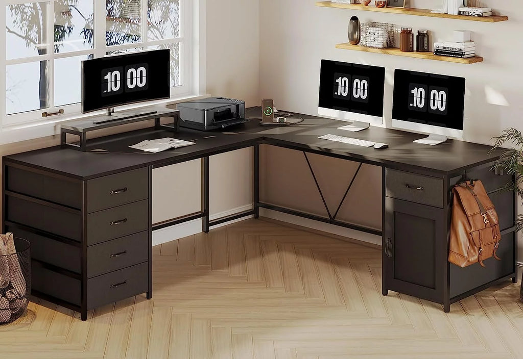 Black 63" Reversible L Shaped Desk with 5 Drawer and Power Outlet G93104