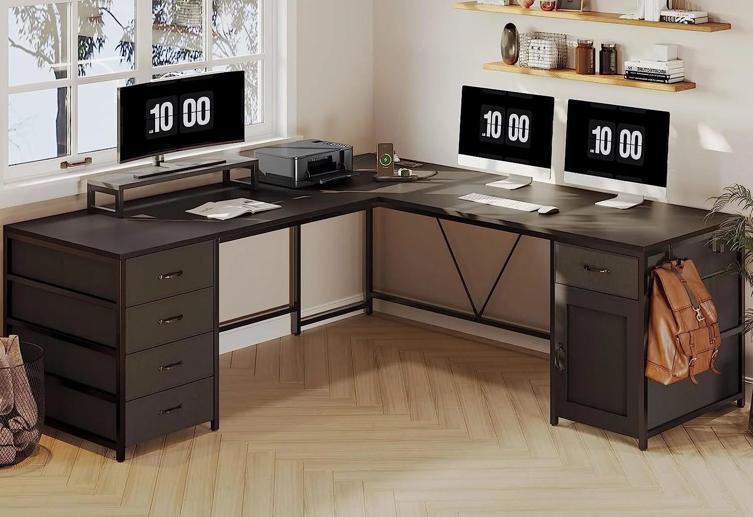 Black 63" Reversible L Shaped Desk with 5 Drawer and Power Outlet G93104