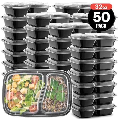 50-Pack 32 oz 2 Compartment Reusable BPA Free Plastic Food Storage Containers with Lids R92384