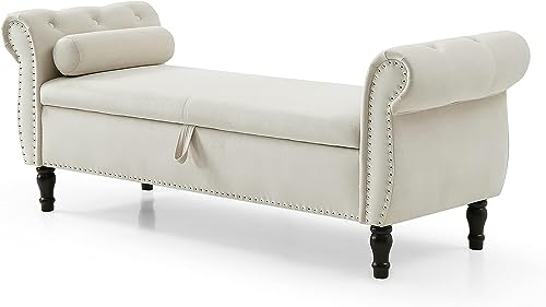 Grey Button Tufted Velvet Upholstered Storage Bench Ottoman with Pillow R441408