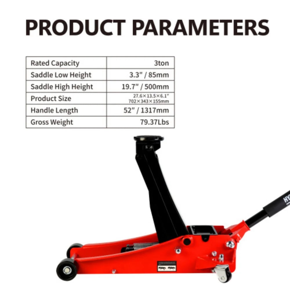 3T Low Profile Red Black Steel Floor Jack with Dual Pistons Quick Lift Pump U146