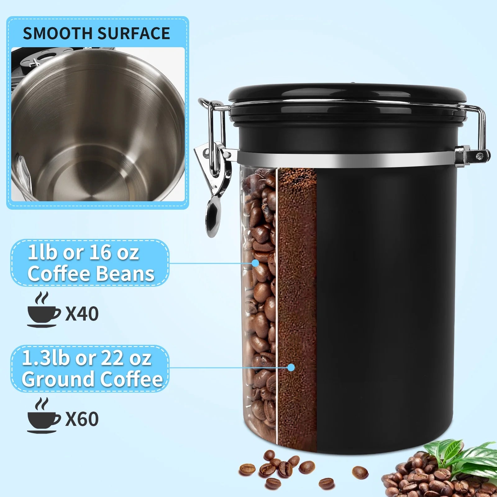 60oz 304 Stainless Steel Airtight Coffee Canister Black O4983
