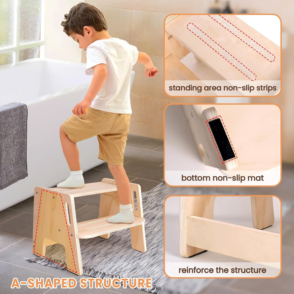 2 Pack Wooden Height-Adjustable 2-Step Stool with Handles Y947373