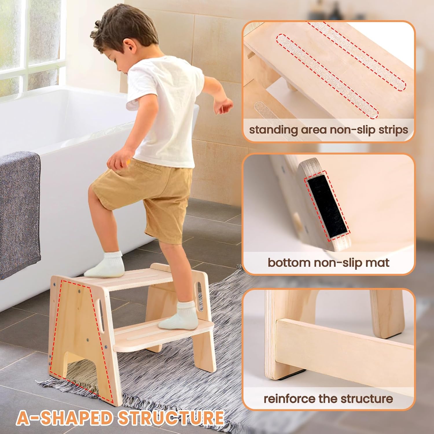 2 Pack Wooden Height-Adjustable 2-Step Stool with Handles Y947373