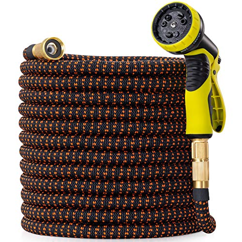 75 ft Expandable Garden Hose with 10 Pattern Spray Nozzle, 3/4 Solid Brass Connectors, Retractable Latex Core V232
