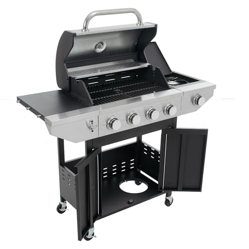 4 Burner Gas Grill with Side Burner, Stainless Steel Propane BBQ Grill with Built in Thermometer E2360