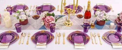 350PCS Clear Gold Plastic Plates Dinnerware Sets O670