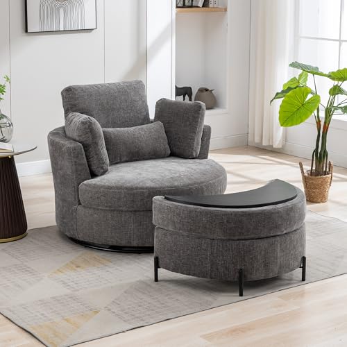 Beige Oversized Swivel Barrel Chair with Ottoman X78125