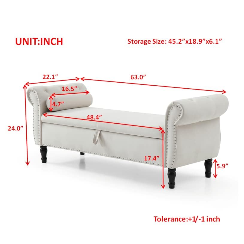 Grey Button Tufted Velvet Upholstered Storage Bench Ottoman with Pillow R441408