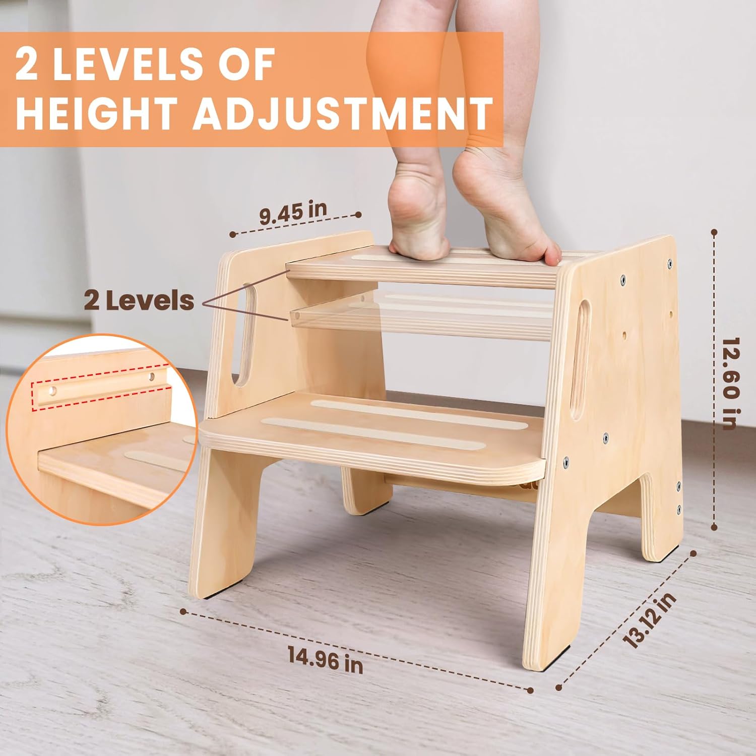 2 Pack Wooden Height-Adjustable 2-Step Stool with Handles Y947373