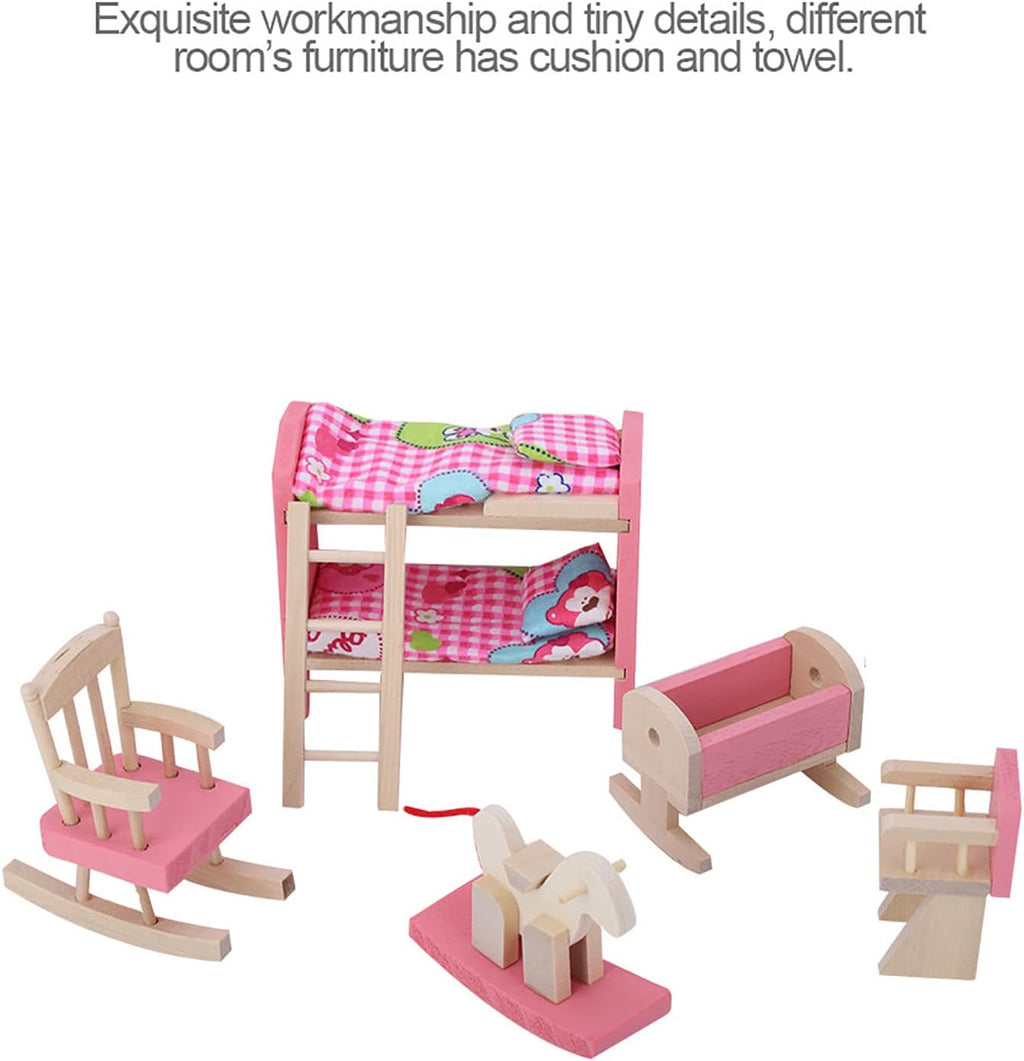 6 Different Rooms Wooden Dollhouse Furniture with Cushion and Towel F8091