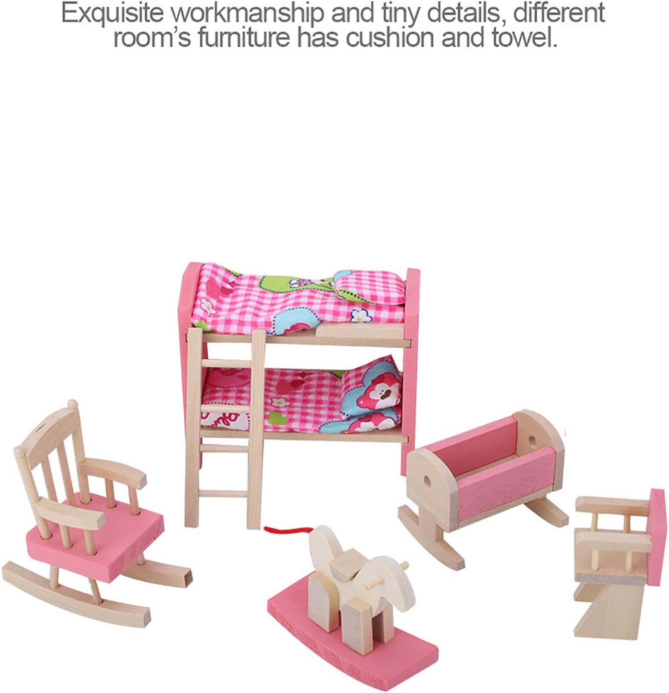 6 Different Rooms Wooden Dollhouse Furniture with Cushion and Towel F8091