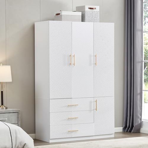 White 4 Doors 3 Drawers Wooden Closet Cabinet Wardrobe Armoire B133