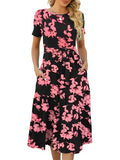 Women's Casual Summer Tiered Midi Dress Short Sleeve Belted Ruffle Boho Sundress with Pockets P7498