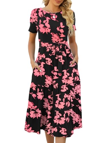 Women's Casual Summer Tiered Midi Dress Short Sleeve Belted Ruffle Boho Sundress with Pockets P7498