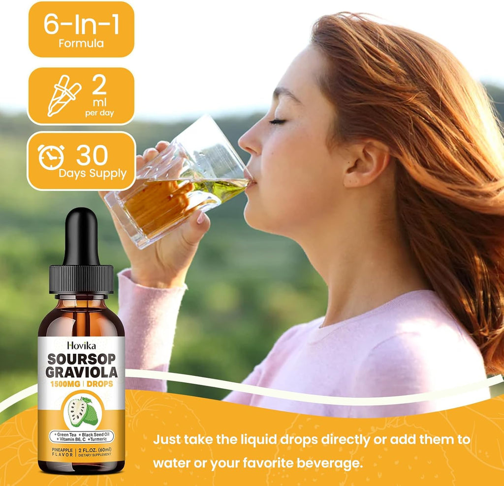 Soursop Graviola Liquid Drops 1500mg with Green Tea, Black Seed Oil, Turmeric 2 Fl Oz C835719