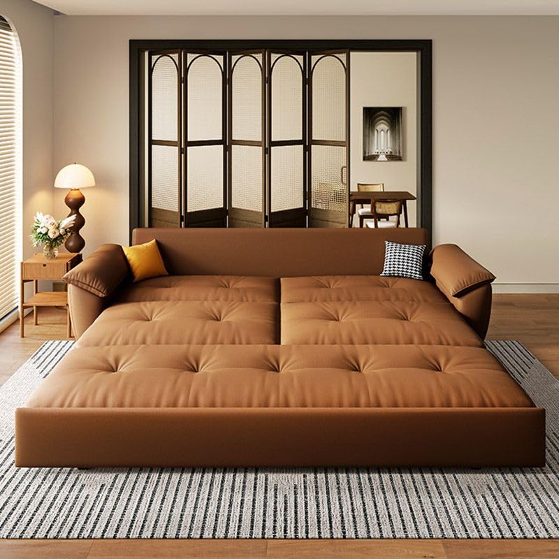 Brown Genuine Leather Convertible Sleeper Sofa Bed with Storage 81" L x 33.5" D x 35" H F2140