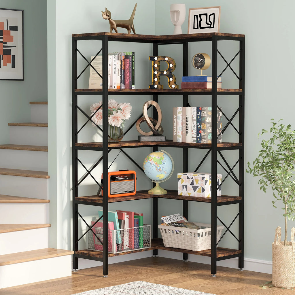 5-Tier Rustic Brown Corner Bookshelf P60210