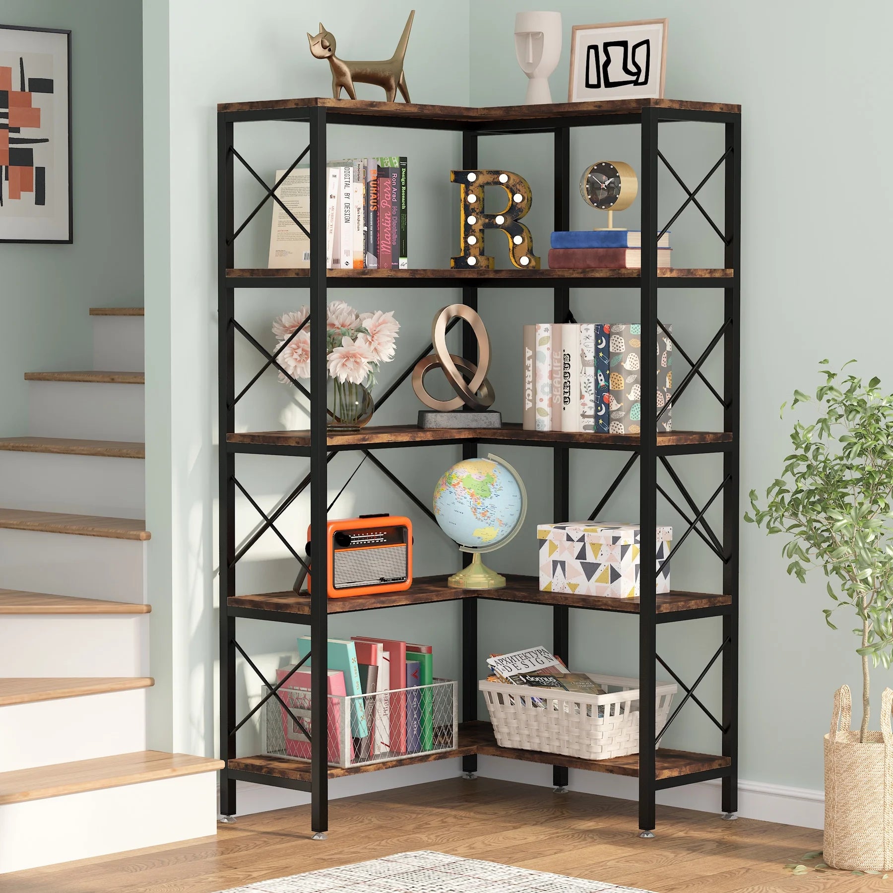 5-Tier Rustic Brown Corner Bookshelf P60210