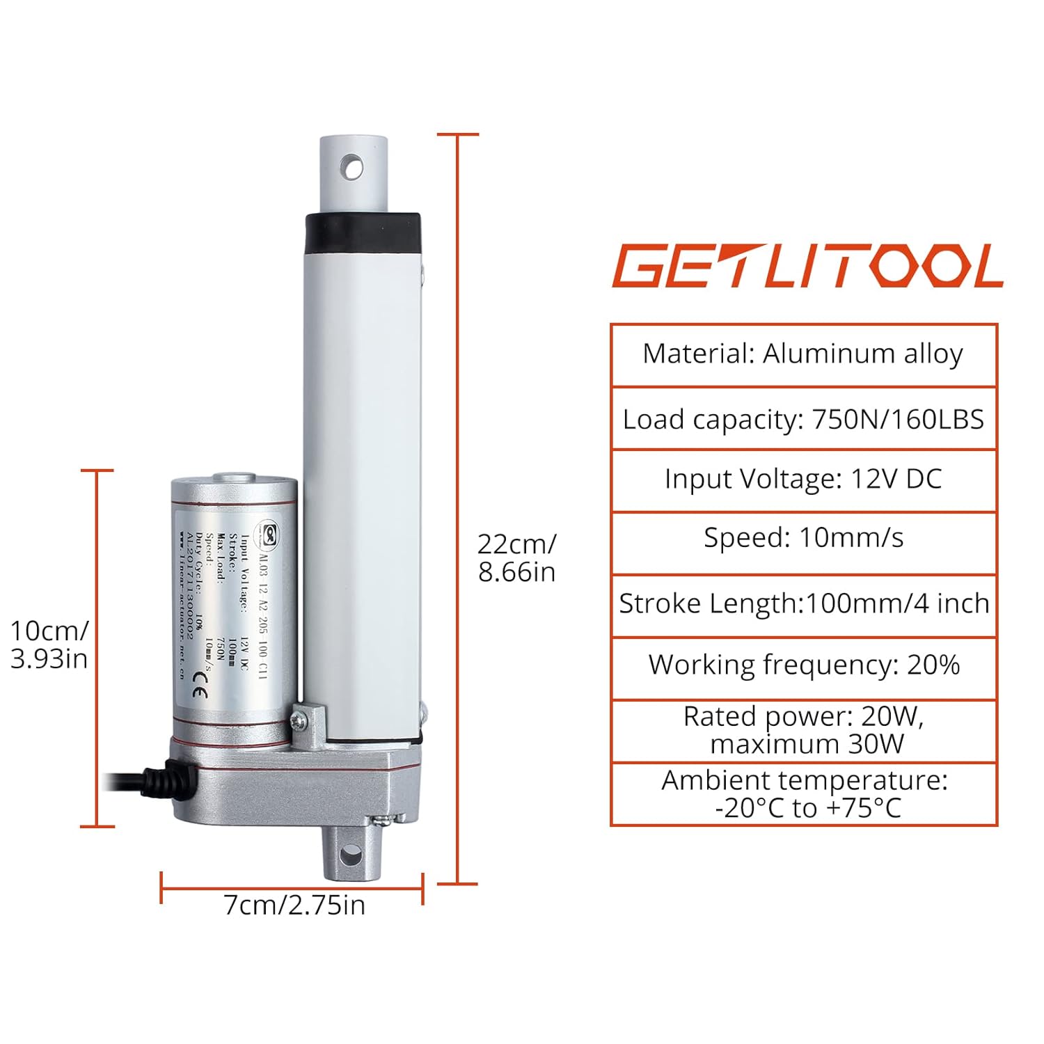 Electric Linear Actuator 100mm 4 Inch Heavy Duty DC 12V 750n 160lbs N7214