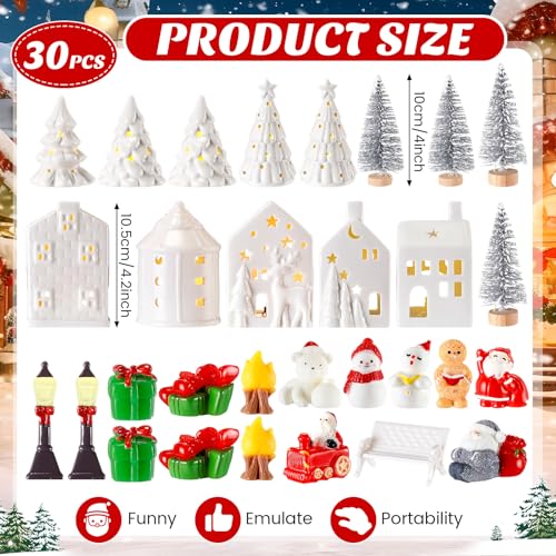 30 Pcs White Ceramic Christmas Village Set with LED Lighted Houses N1355