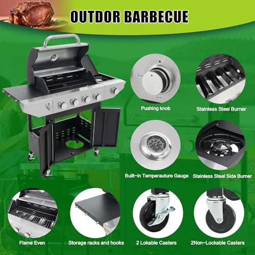 4 Burner Gas Grill with Side Burner, Stainless Steel Propane BBQ Grill with Built in Thermometer E2360
