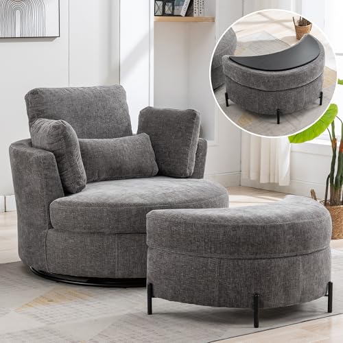 Beige Oversized Swivel Barrel Chair with Ottoman X78125