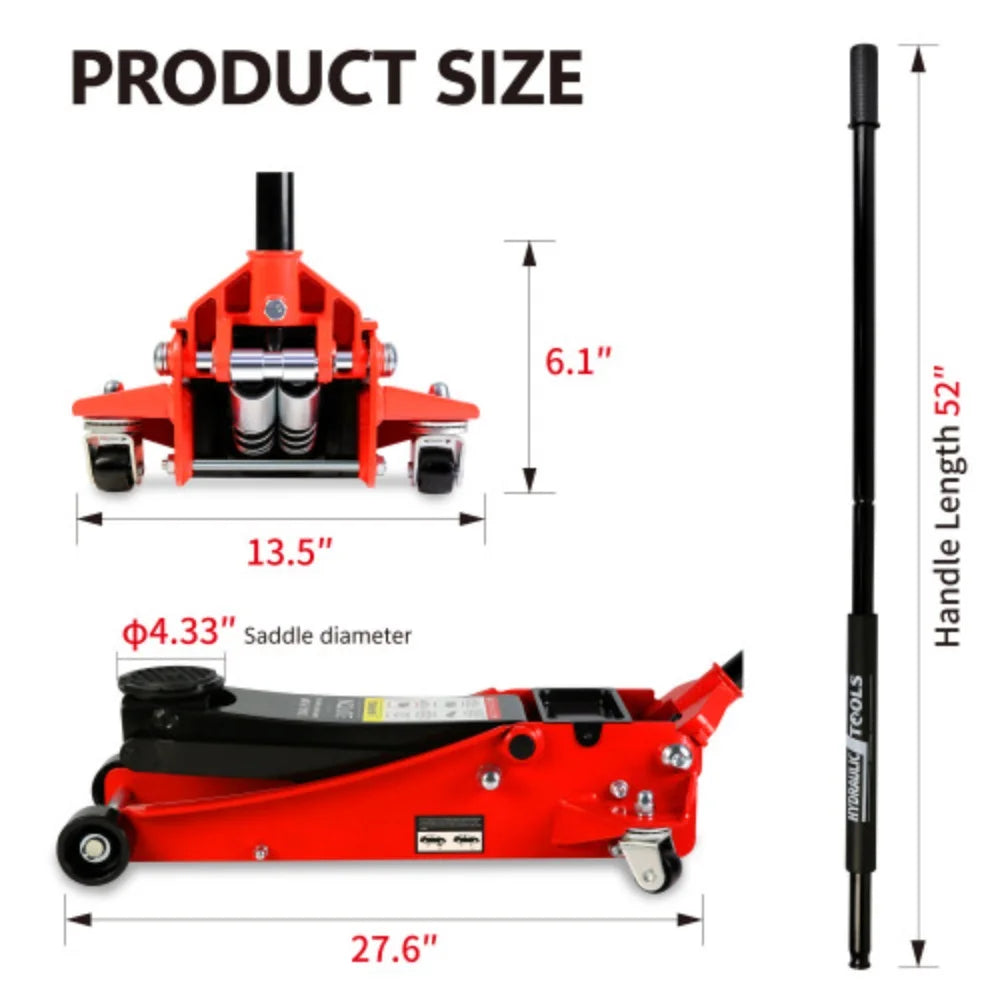 3T Low Profile Red Black Steel Floor Jack with Dual Pistons Quick Lift Pump U146
