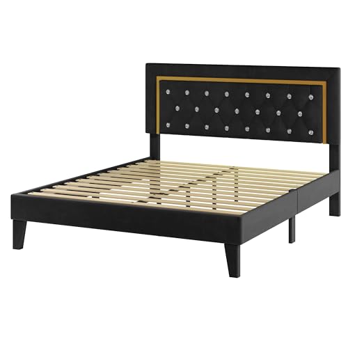 Black Upholstered Platform Bed Frame with LED Light T688