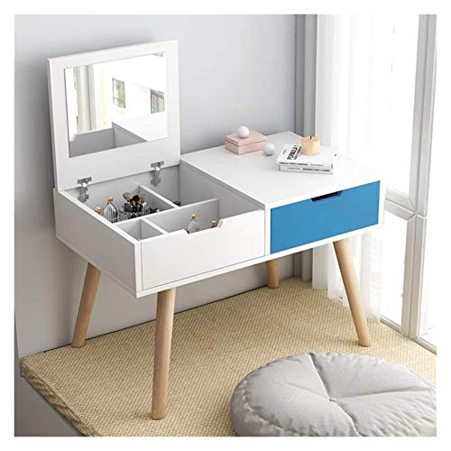 White Blue 2-in-1 Vanity Desk with Flip Top Mirror and Drawers D68278