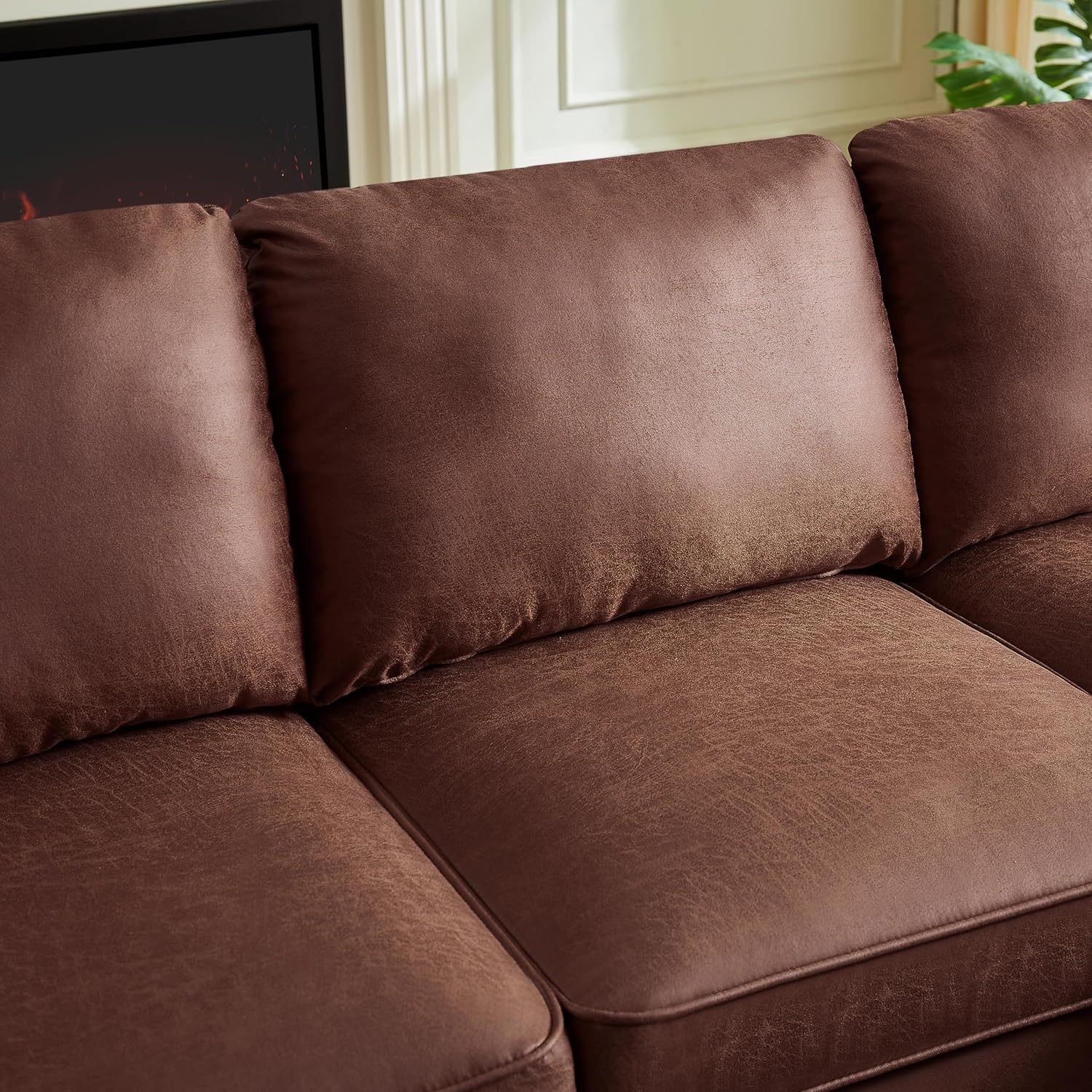 Mid Century Suede Leather Sofa with Right Chaise Lounge, 3 Seater L-Shaped Couch M2783