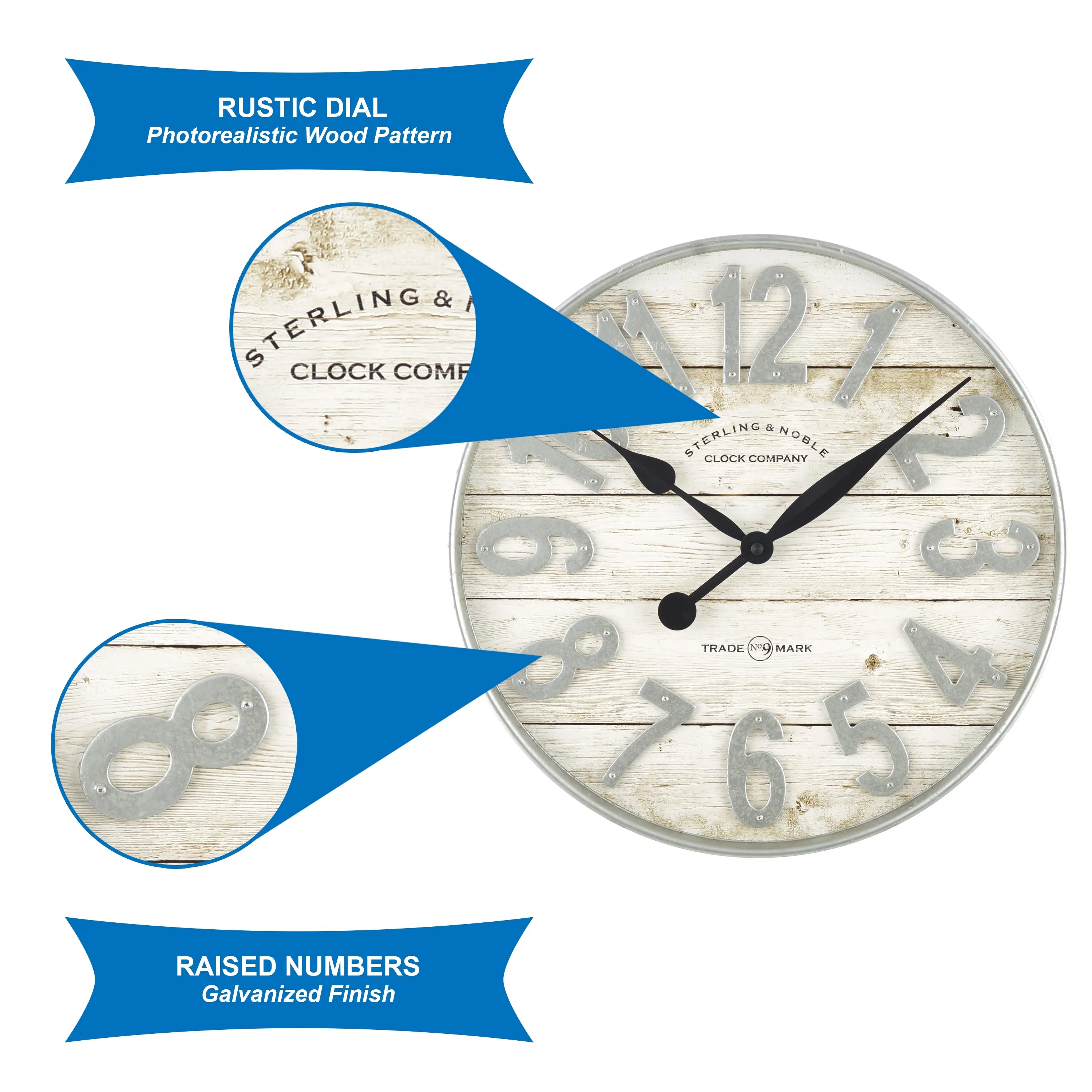White and Galvanized Raised Analog Wall Clock M375
