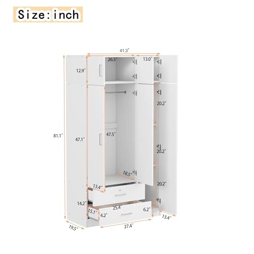 White 3-Door Wardrobe Closet with 1 Drawer and Top Cabinet F482