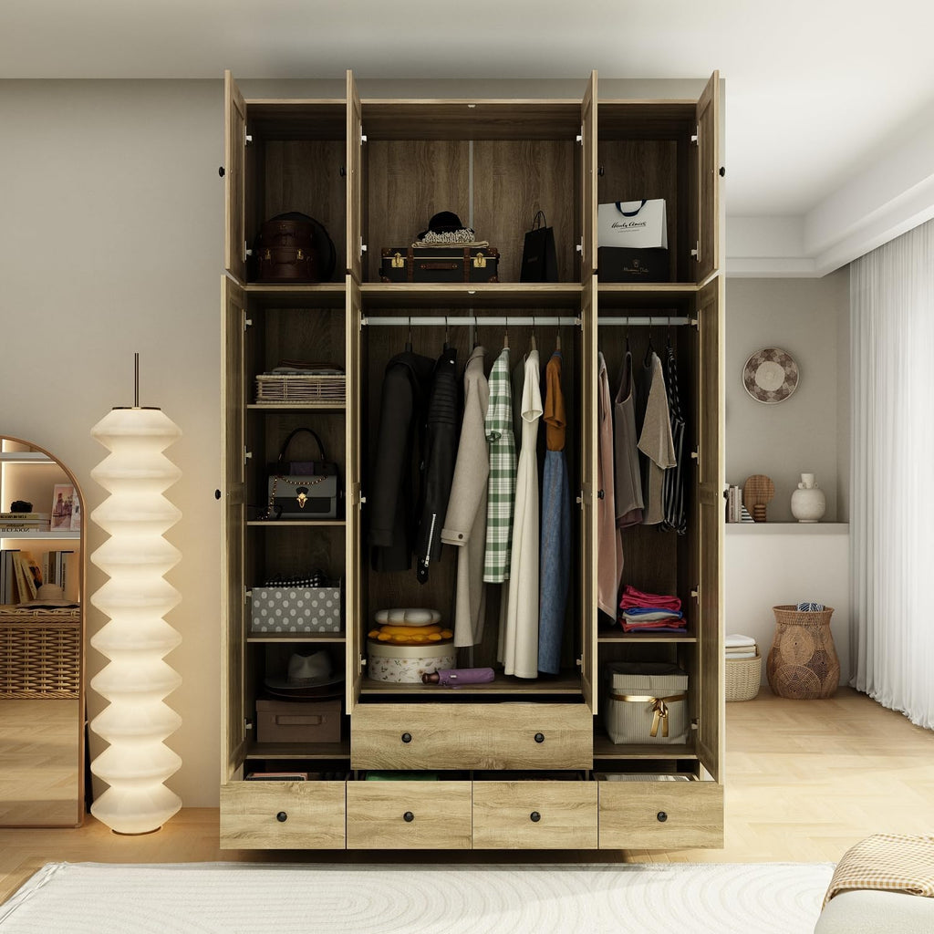 Light Brown 8 Door Wardrobe Armoire with Rattan Doors, 5 Drawers, 2 Hanging Bars R192