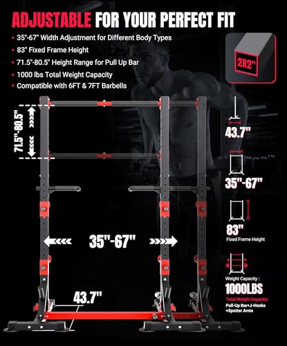 Squat Rack with Adjustable Pull-Up Bar & Extended Safety Arms, 35"-67" Width, Fixed 83” Frame Height X93970