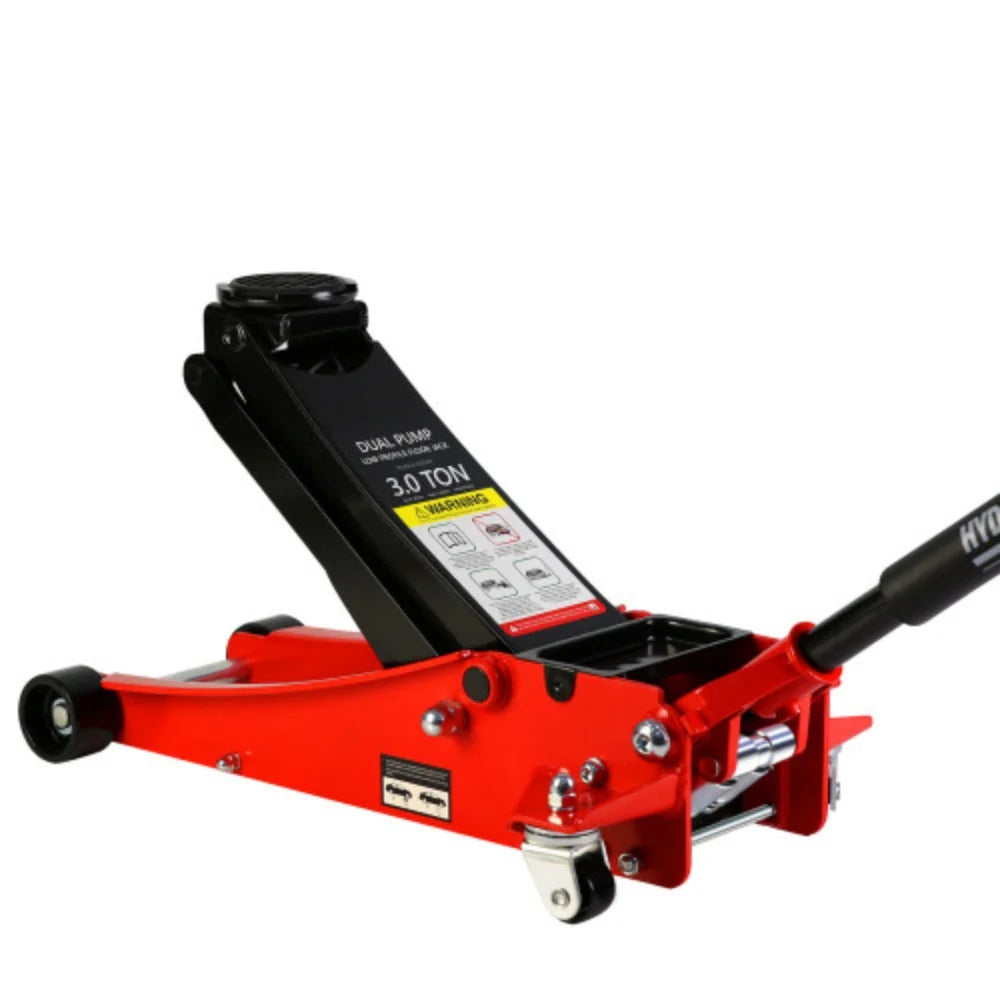 3T Low Profile Red Black Steel Floor Jack with Dual Pistons Quick Lift Pump U146