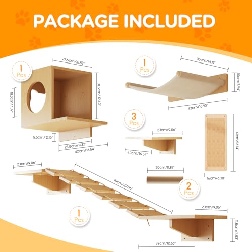 Set of 5 Wooden Cat Wall Shelves with Cat Condo, Scratching Post, Bridge, Hammocks and Scratcher B524536