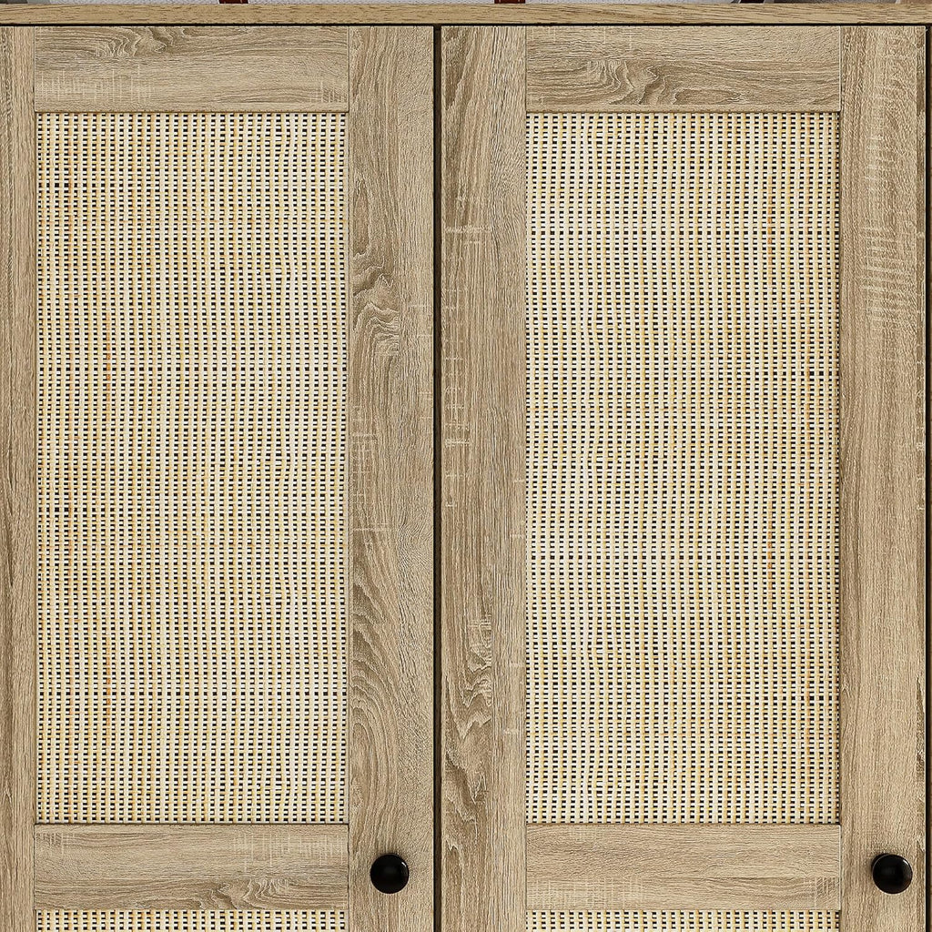 Light Brown 8 Door Wardrobe Armoire with Rattan Doors, 5 Drawers, 2 Hanging Bars R192