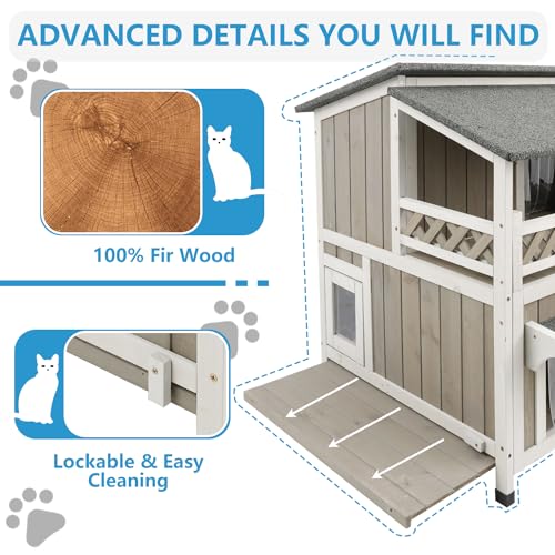 Two Story Wooden Cat House with Balcony Waterproof F771