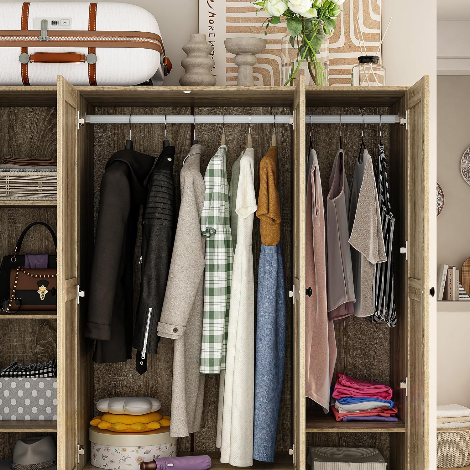 Light Brown 8 Door Wardrobe Armoire with Rattan Doors, 5 Drawers, 2 Hanging Bars R192