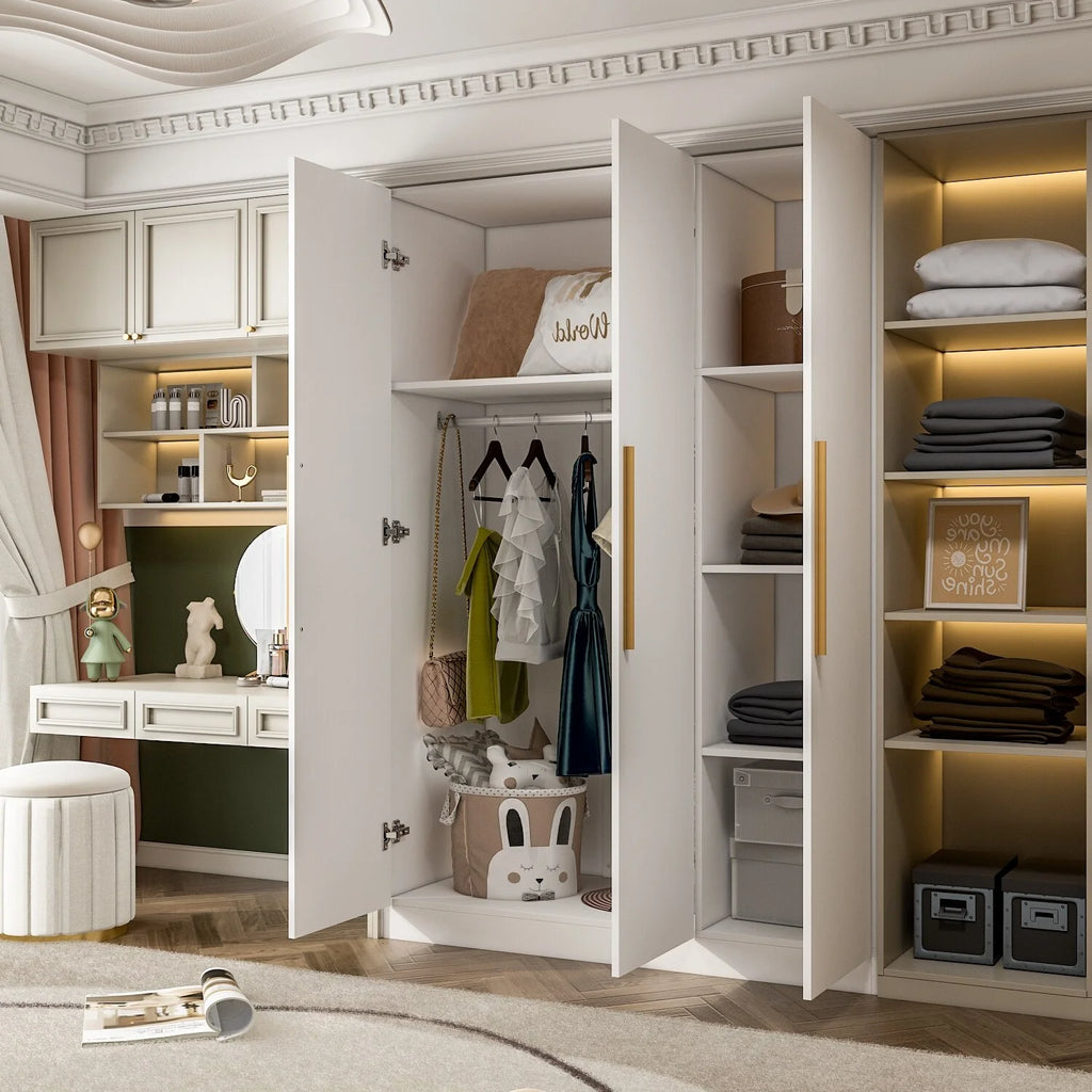 White 6 Storage Cube Wooden Wardrobe Armoire with Hanging Rod T455