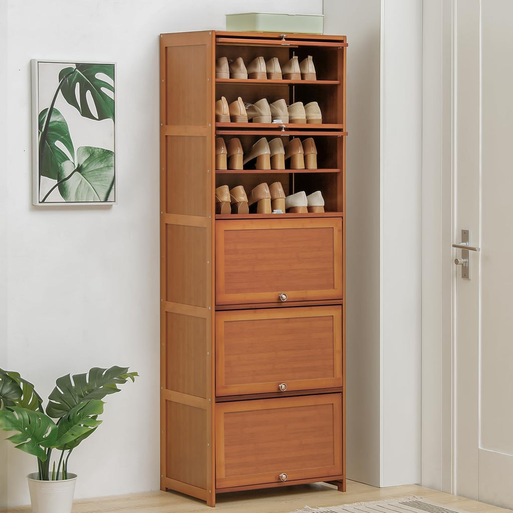 Tall Bamboo Shoe Storage Cabinet with Doors, 10 Tier Freestanding Shoe Shelf Rack R3747