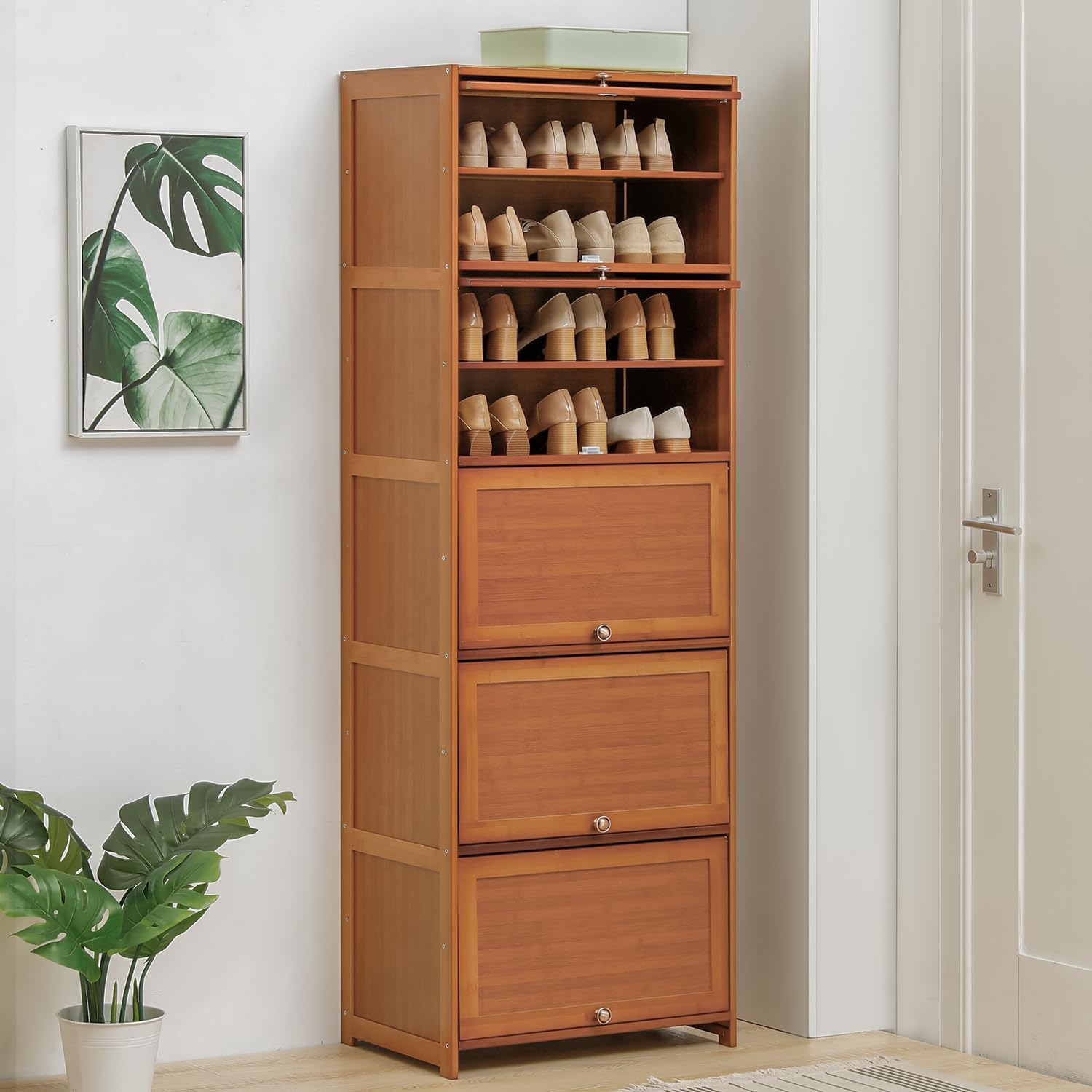 Tall Bamboo Shoe Storage Cabinet with Doors, 10 Tier Freestanding Shoe Shelf Rack R3747