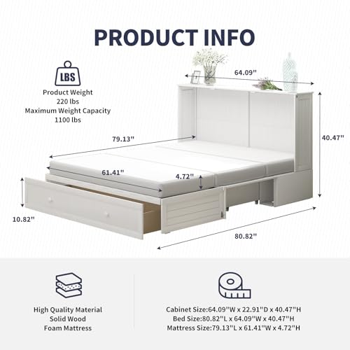 Queen Size Wall Bed with Charging Station, Solid Wood Frame, Burnt Orange S489