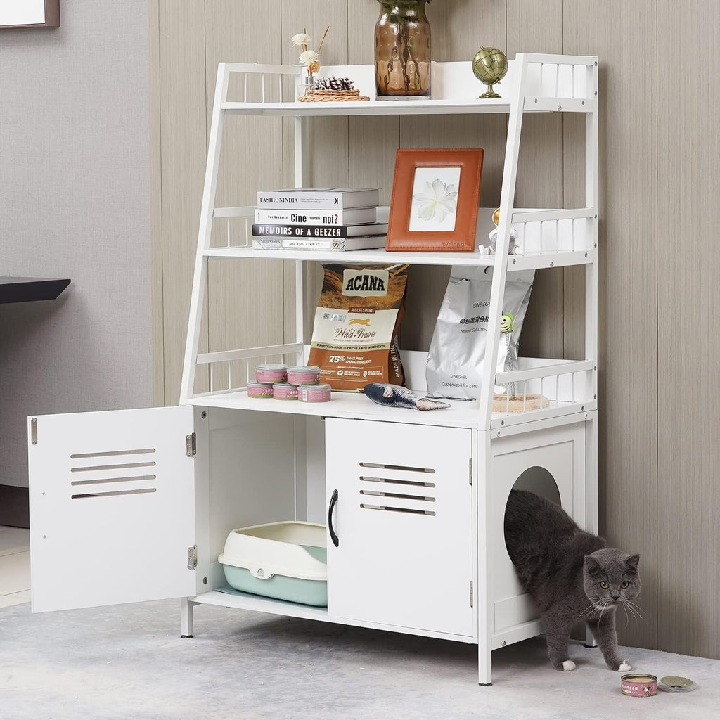 White Wooden Cat Litter Box Enclosure with 2 Doors B37425